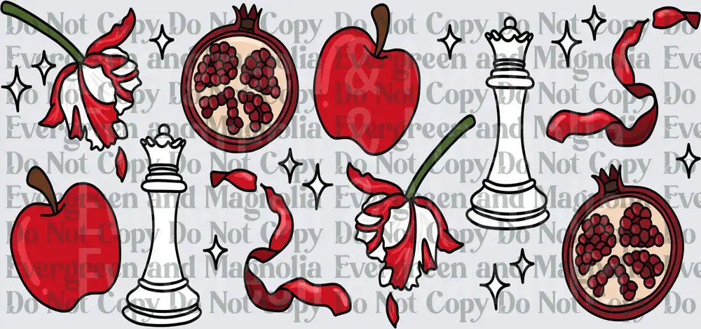 Red Apple Pomegranate Chess Queen Floral Ribbon Bundle