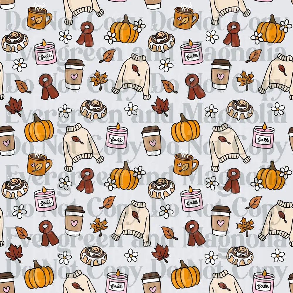 Cozy Fall Pattern Pumpkins Coffee Sweaters Cinnamon Rolls