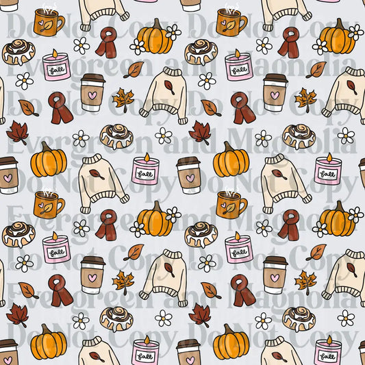 Cozy Fall Pattern Pumpkins Coffee Sweaters Cinnamon Rolls
