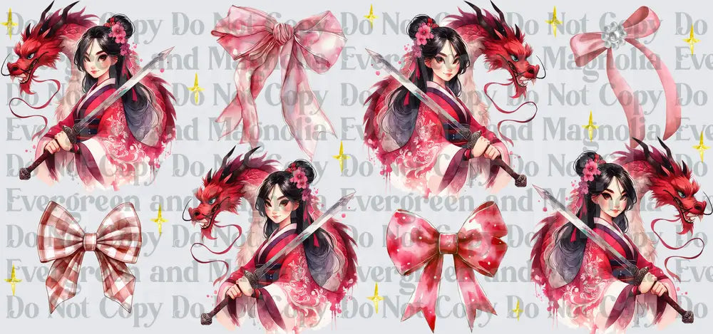 Warrior Princess with Red Dragon Sword and Bows Watercolor