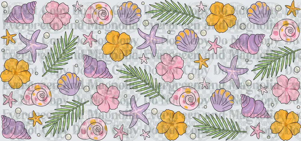 Pastel Tropical Seashells Starfish Hibiscus Pattern