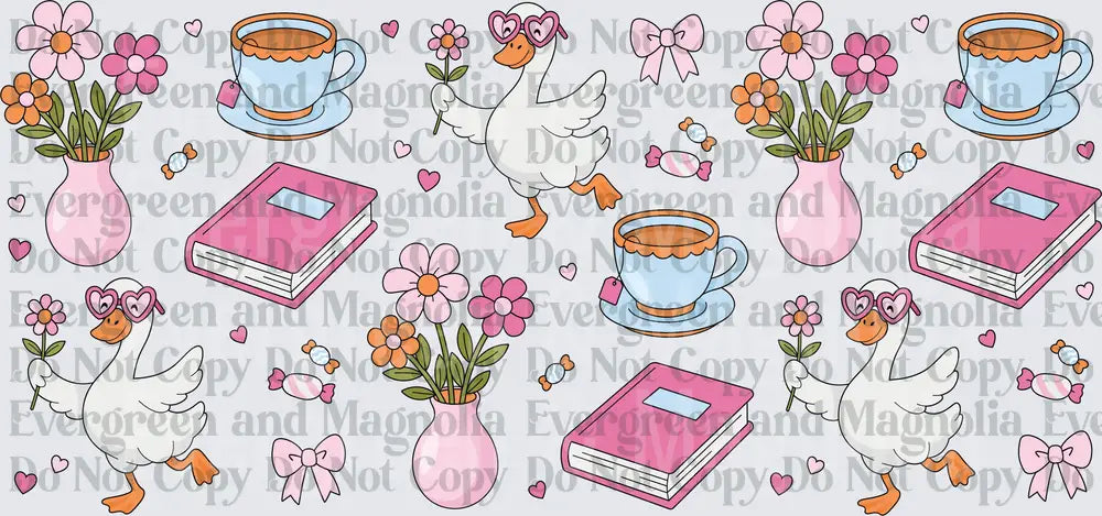 Cute Geese with Heart Glasses Florals Tea Cups Books Bows