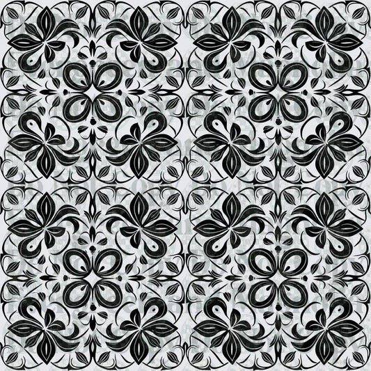 Black and White Ornate Floral Medallion Tile Pattern