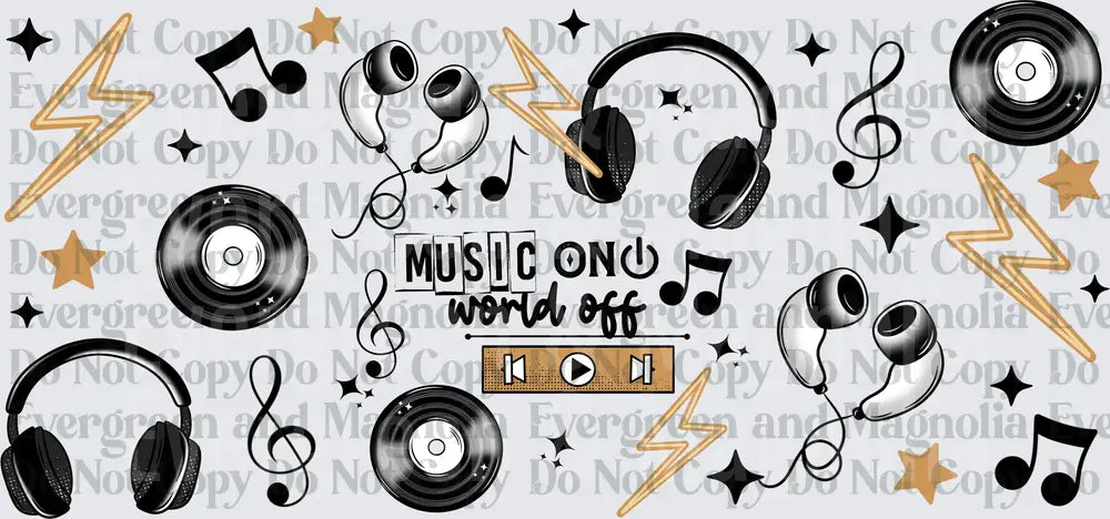 Music On World Off Headphones Vinyl Records Notes Gold
