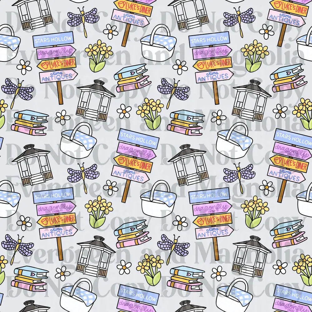 Stars Hollow Icons Seamless Pattern Dragonfly Inn Books