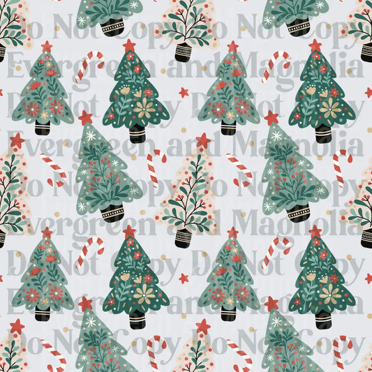 Boho Folk Art Christmas Trees Candy Canes Holiday Pattern