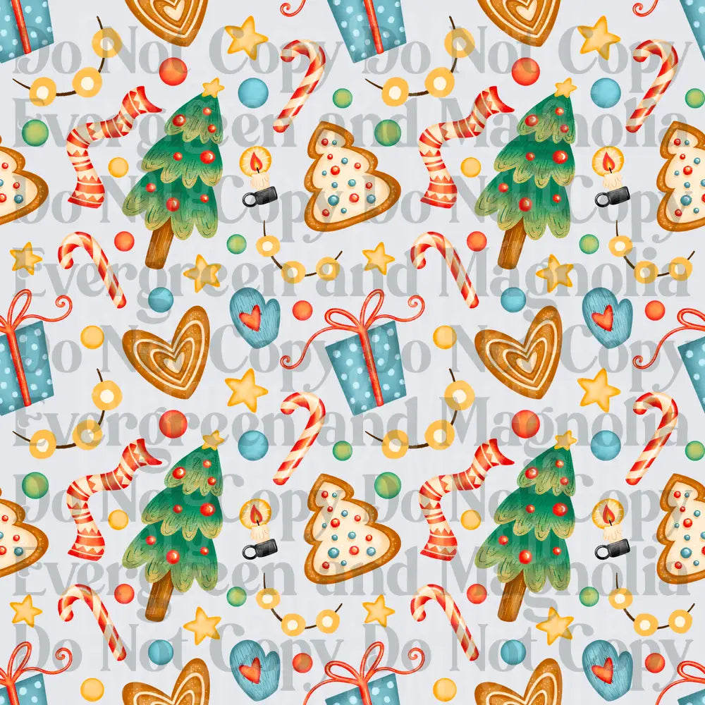 Whimsical Christmas Pattern Gingerbread Trees Candy Canes
