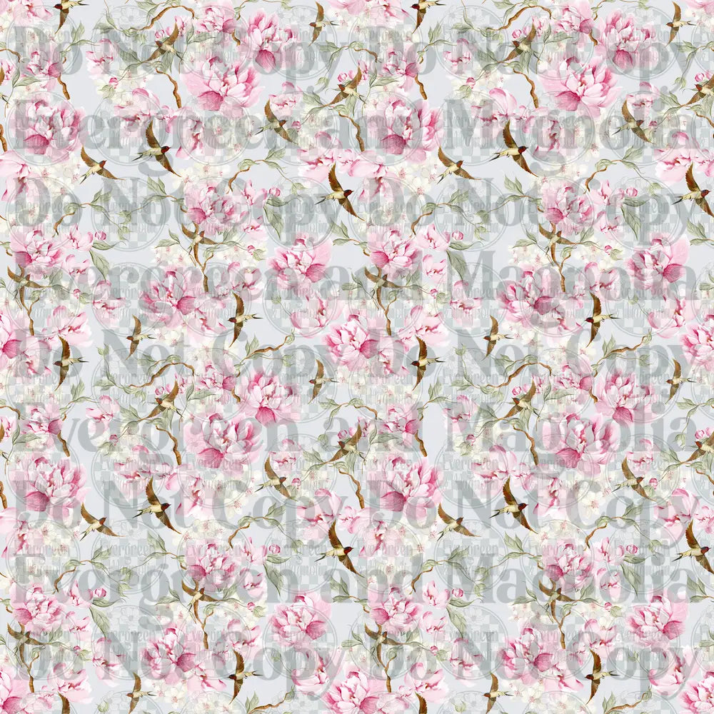 Watercolor Pink Peonies and Swallows Floral Pattern
