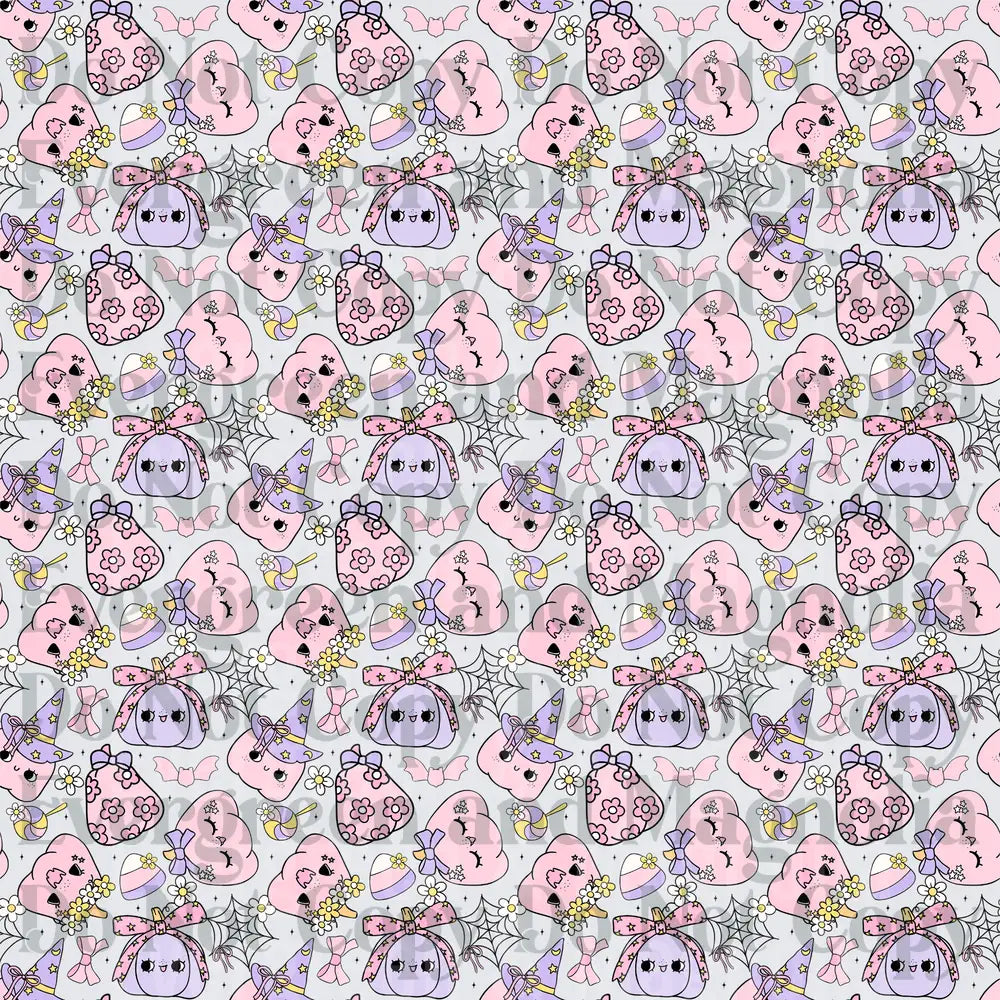 Pastel Halloween Kawaii Ghost Witch Pattern Pink Purple