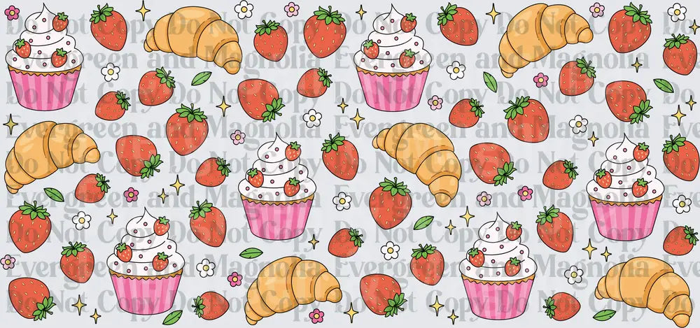 Strawberry Cupcakes Croissants Floral Seamless Pattern