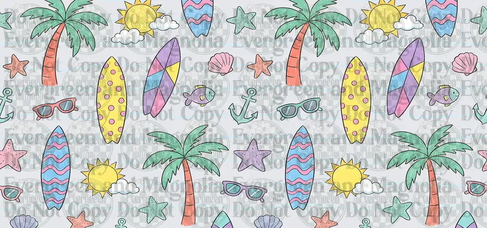 Pastel Summer Beach Pattern Surfboards Palm Trees Sun