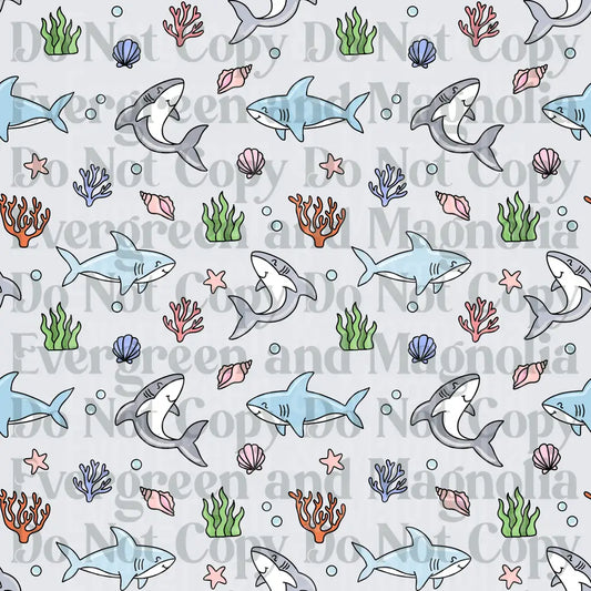 Cute Cartoon Shark Ocean Seamless Pattern Seashells Coral