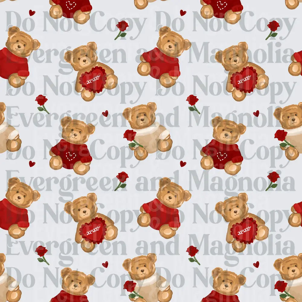 Valentine Teddy Bears XOXO Hearts Roses Repeat Pattern