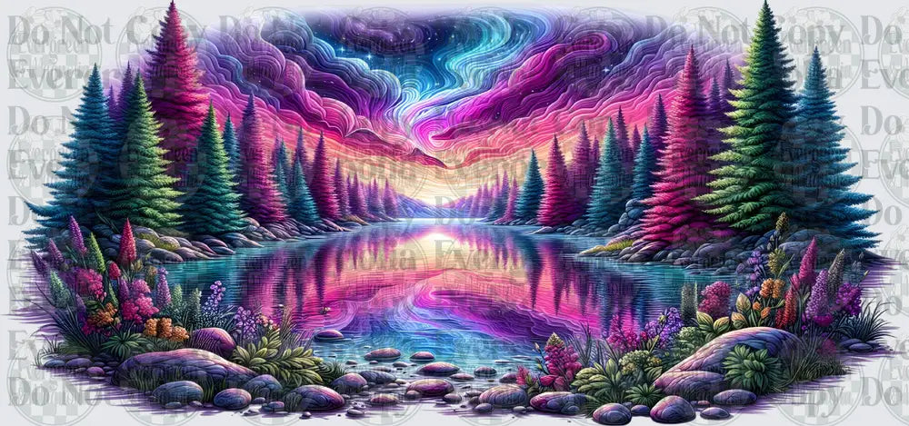 Vibrant Mountain Lake Sunset with Swirling Aurora Sky