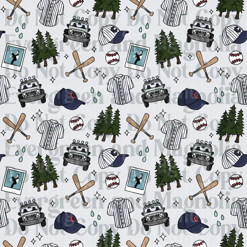 Cleveland Baseball Doodle Pattern with Jeep and Pine Trees