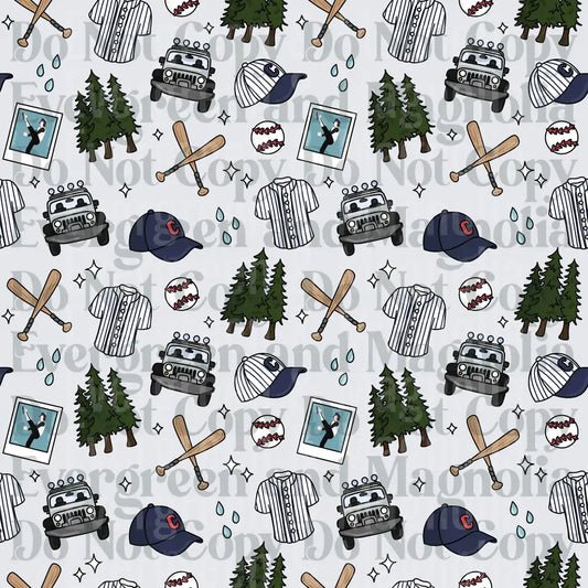 Cleveland Baseball Doodle Pattern with Jeep and Pine Trees