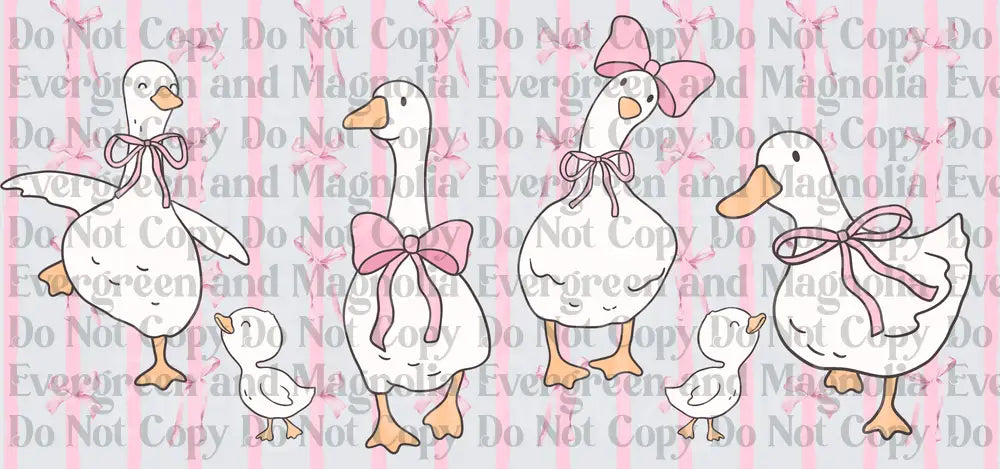 Cute White Geese with Pink Bows and Baby Ducklings