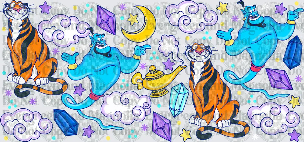 Blue Genie Tiger Magic Lamp Crescent Moon Gems Pattern