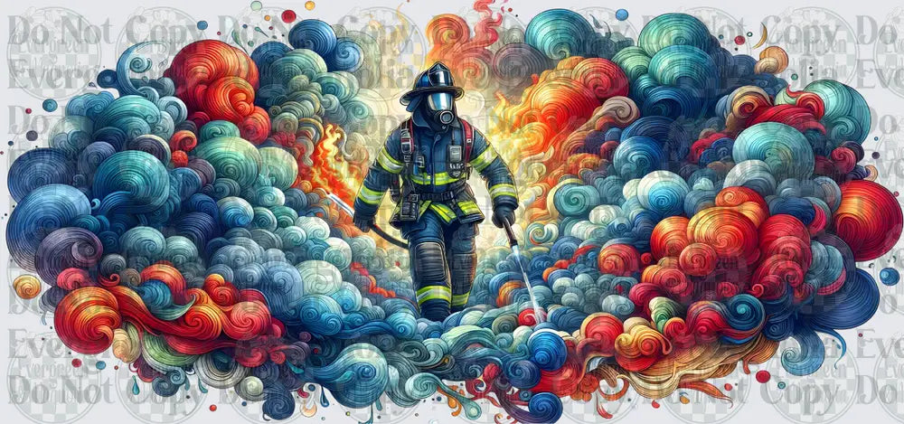 Firefighter Walking Through Colorful Swirling Smoke Clouds