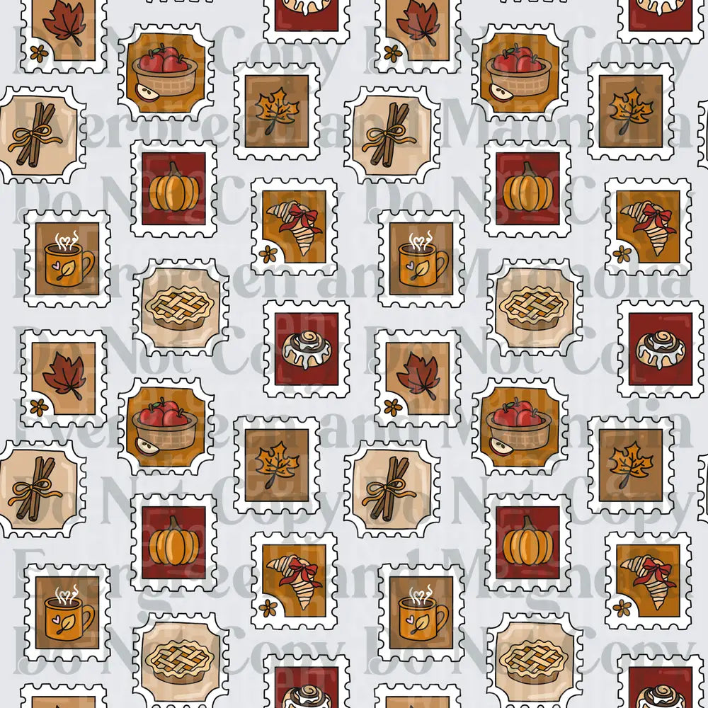 Fall Autumn Postage Stamp Pattern Pumpkin Pie Cinnamon