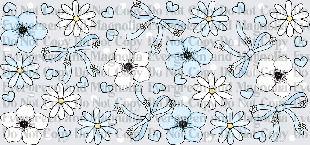 Light Blue Floral Daisy Bow Hearts Scattered Pattern