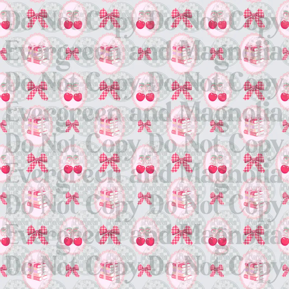 Coquette Pink Cherries Books Bows Cameo Repeat Pattern