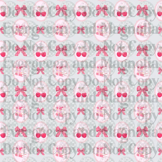 Coquette Pink Cherries Books Bows Cameo Repeat Pattern