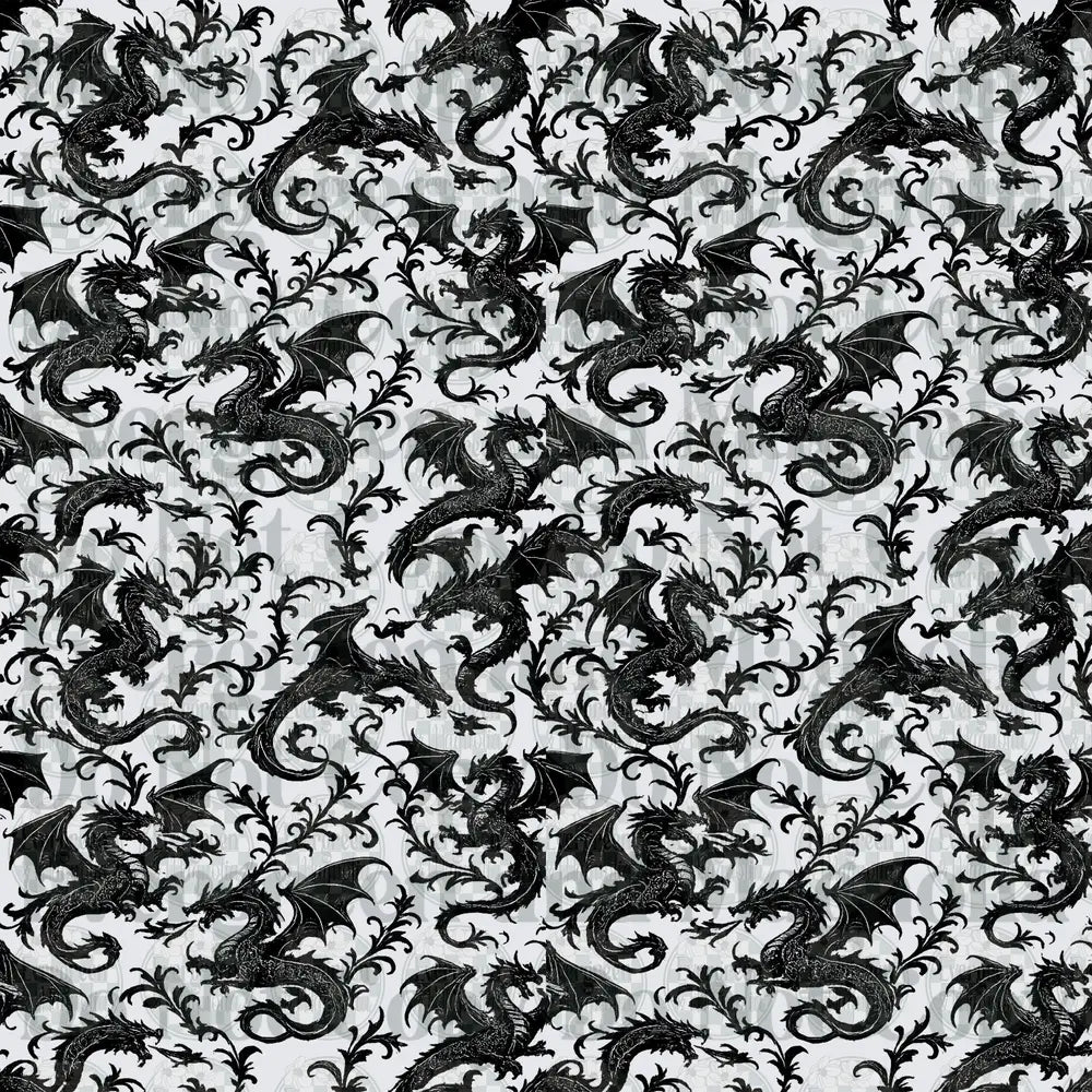 Black and White Medieval Dragon Floral Damask Pattern