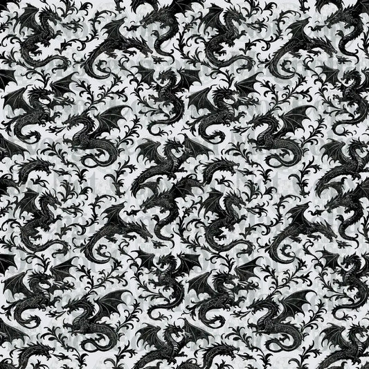 Black and White Medieval Dragon Floral Damask Pattern