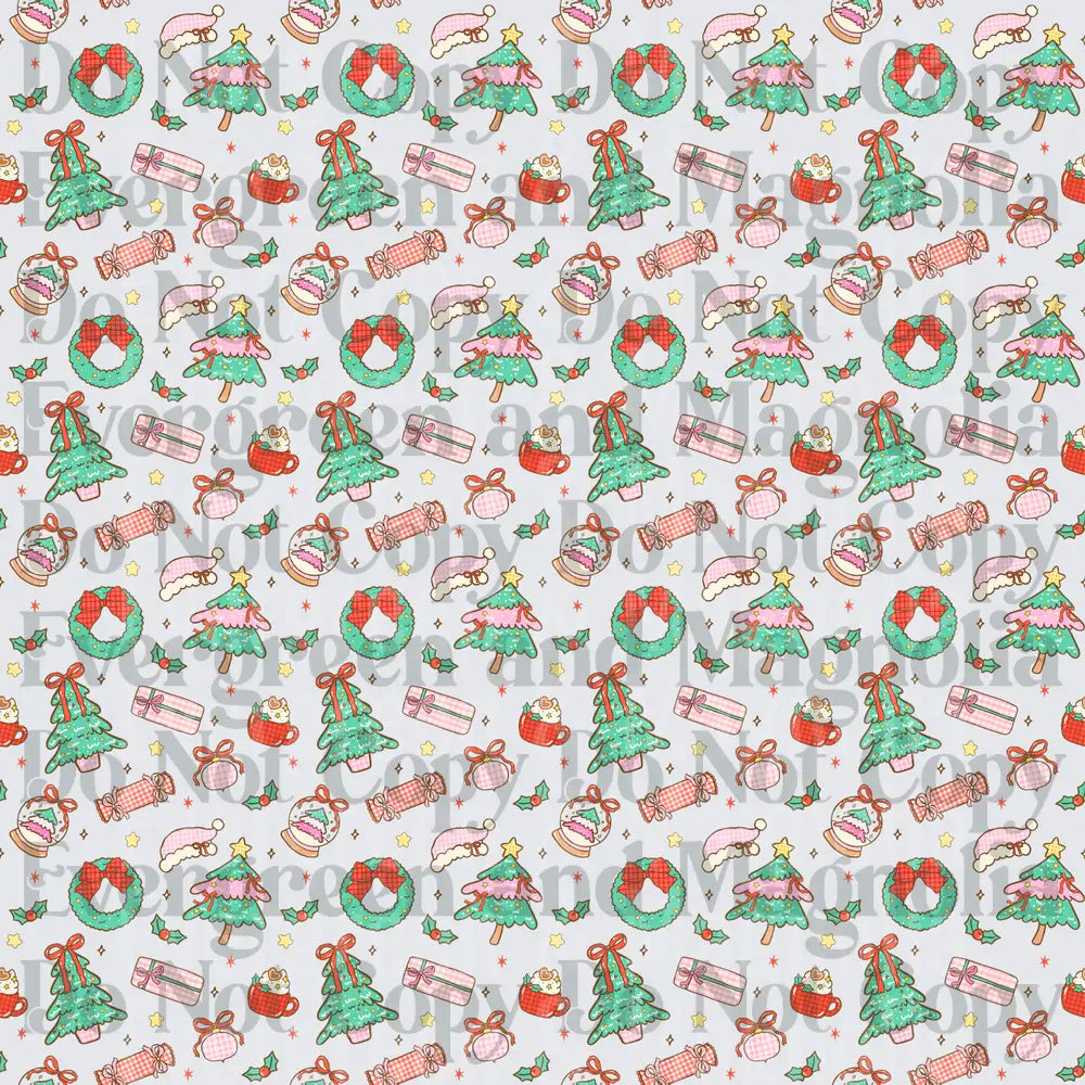 Kawaii Christmas Pattern Trees Wreaths Gifts Holly