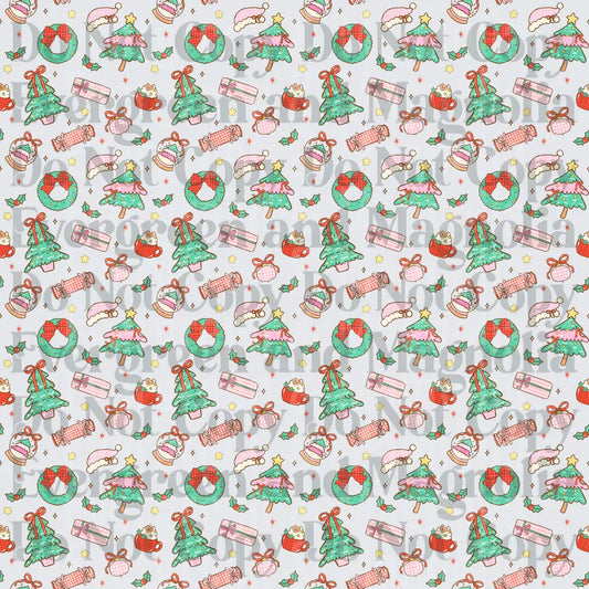 Kawaii Christmas Pattern Trees Wreaths Gifts Holly