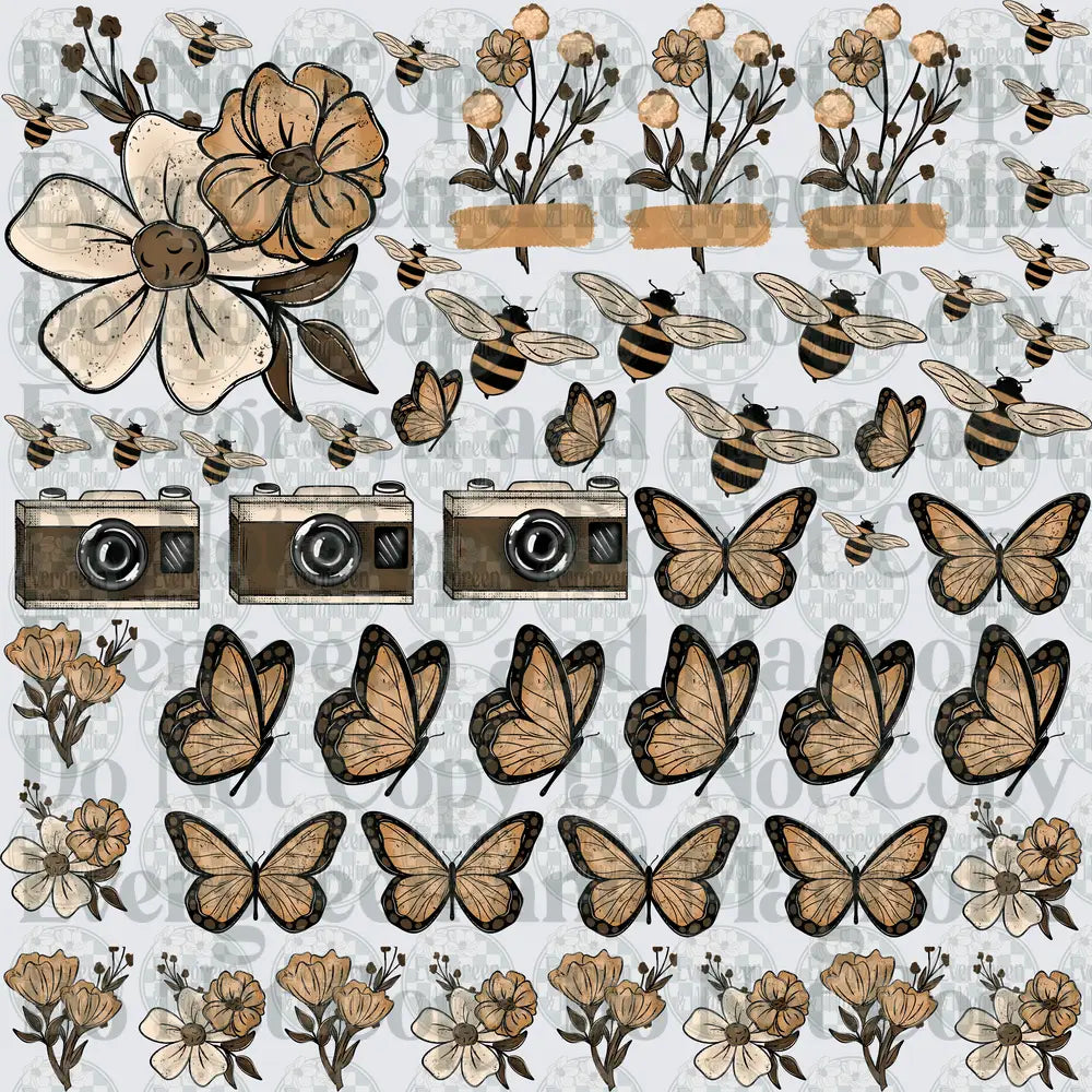 Boho Brown Butterflies Bees Flowers Vintage Camera Bundle