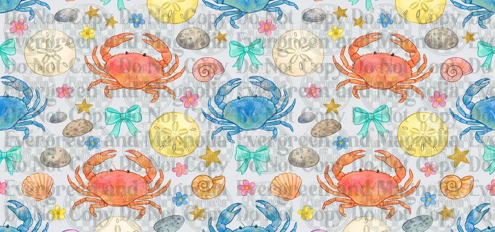 Watercolor Coastal Crabs Sand Dollars Shells Repeat Pattern