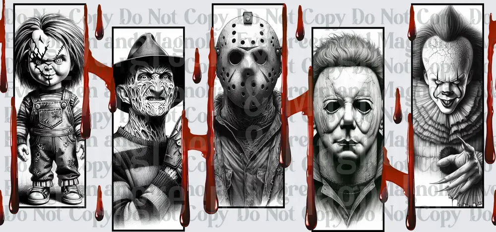 Classic Horror Villains Pencil Sketch with Blood Drips