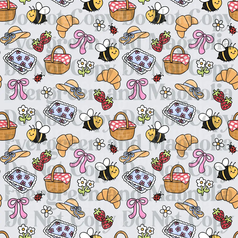 Cute Picnic Pattern Bees Baskets Strawberries Bows Daisies