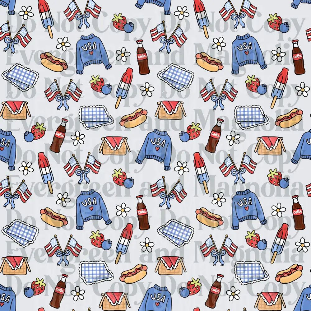 Patriotic Fourth of July Summer Picnic Doodle Pattern
