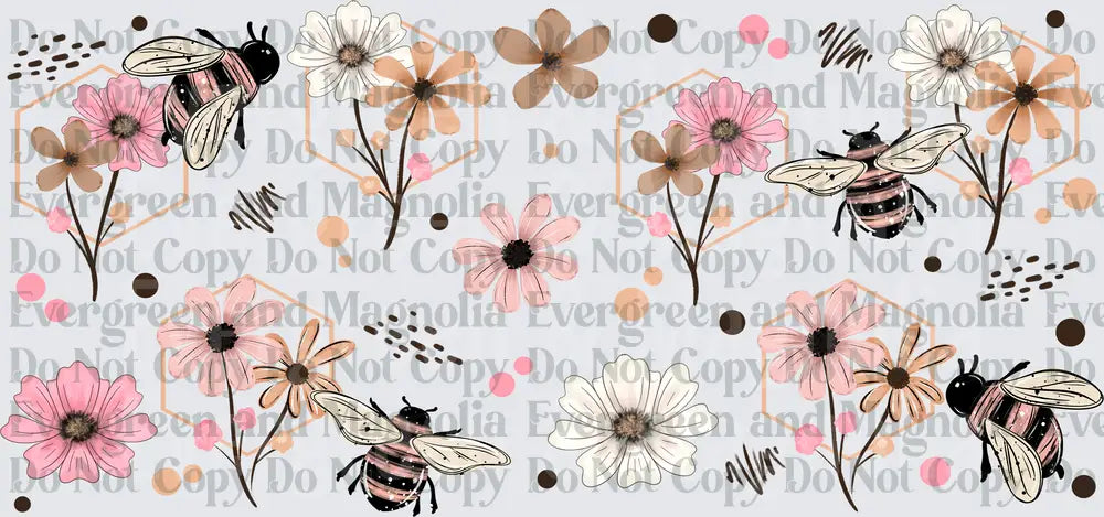 Boho Pink Floral Bumblebees Honeycomb Pattern
