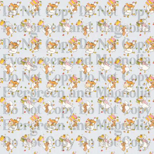 Cozy Geese Carrying Books Autumn Leaves Repeat Pattern