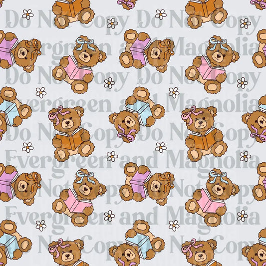 Cute Teddy Bears Reading Books with Bows Floral Pattern