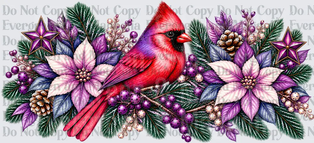 Red Cardinal Bird Purple Christmas Floral Garland Design