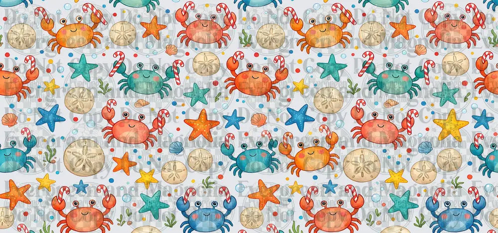 Cute Christmas Crabs Candy Cane Ocean Seamless Pattern