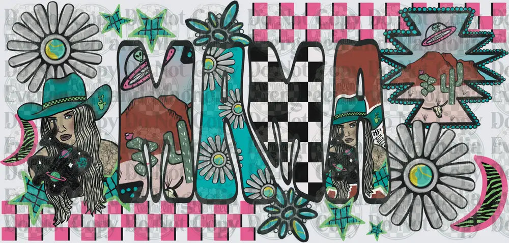 Boho Mama Letter Art Western Cowgirl Checkered Floral Design