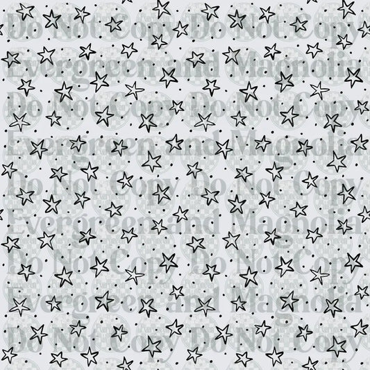 Black and White Hand-Drawn Stars and Dots Scatter Pattern