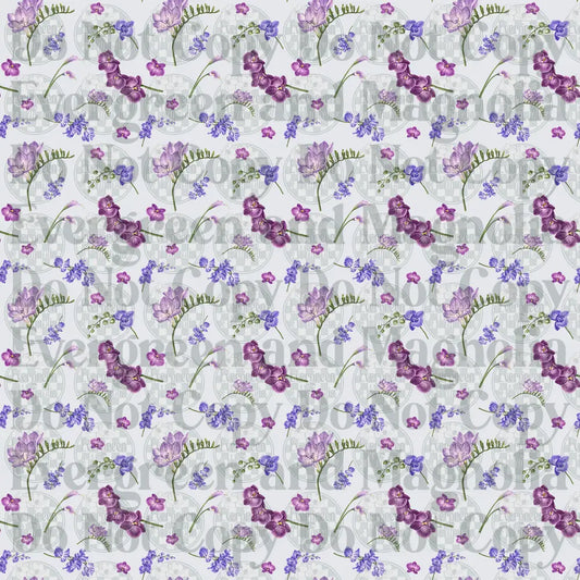 Purple Violet Floral Toss Pattern on White Background