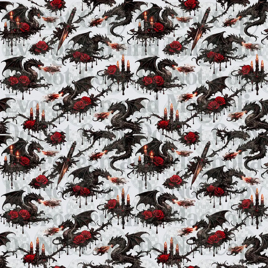 Gothic Dragon Red Rose Candelabra Dark Fantasy Pattern
