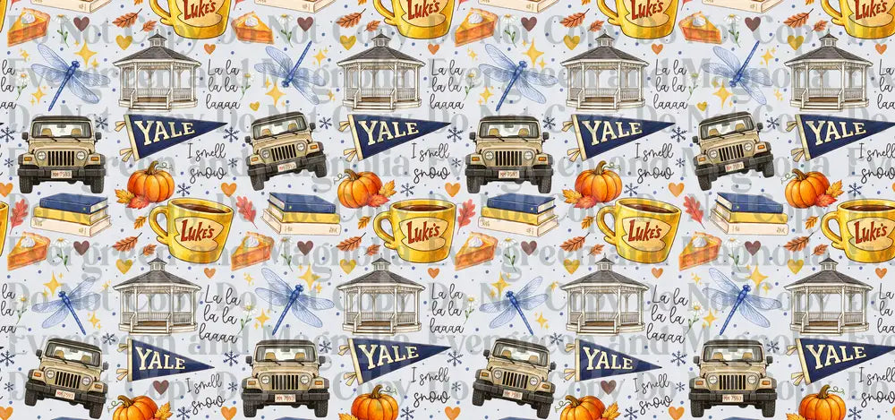Cozy Fall Town Seamless Pattern Coffee Gazebo Yale Pennant