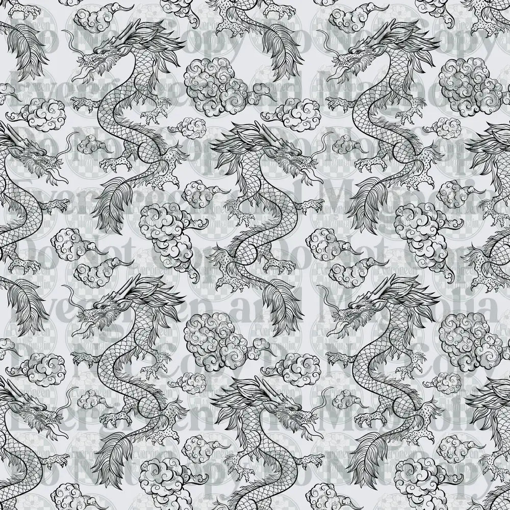 Black and White Asian Dragon Seamless Pattern with Clouds