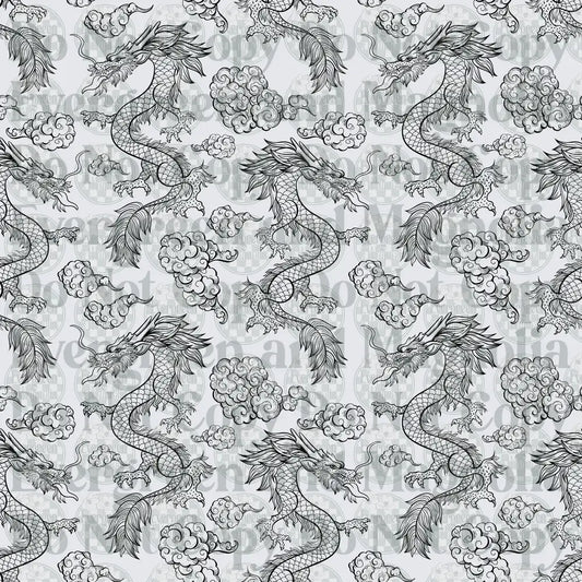 Black and White Asian Dragon Seamless Pattern with Clouds