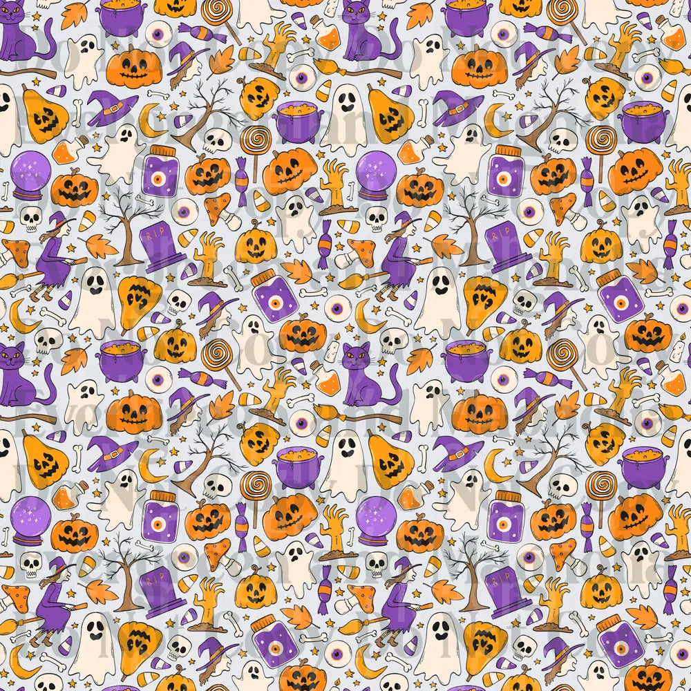 Halloween Doodle Pattern Orange Purple Icons Allover