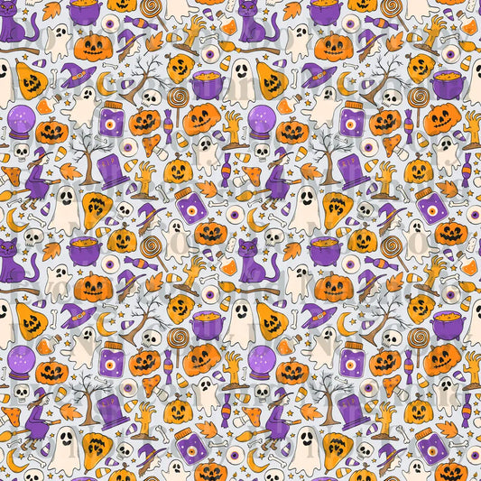 Halloween Doodle Pattern Orange Purple Icons Allover